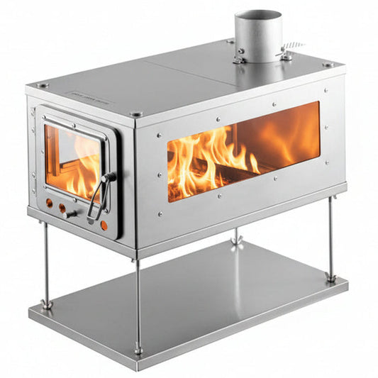 The Original W-stoves 3W Titanium Hot Tent Wood Stove manufactured by Wild Wild West since 2017 with extra side viewing windows