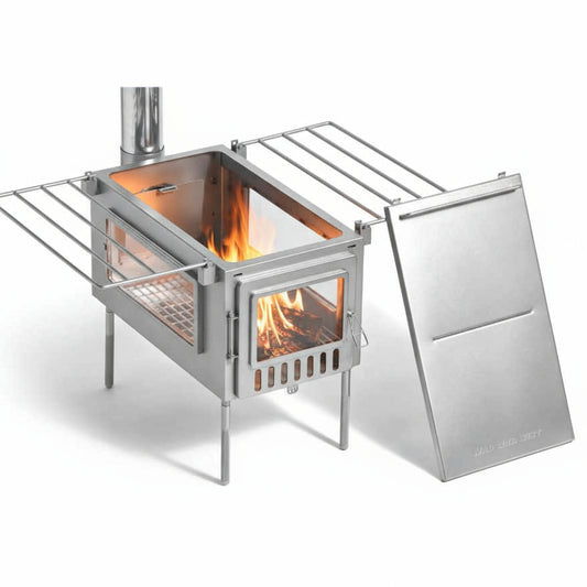 Xstove XL Hot Tent Stove with front and side view. Original authentic version with Wild Wild West logo.