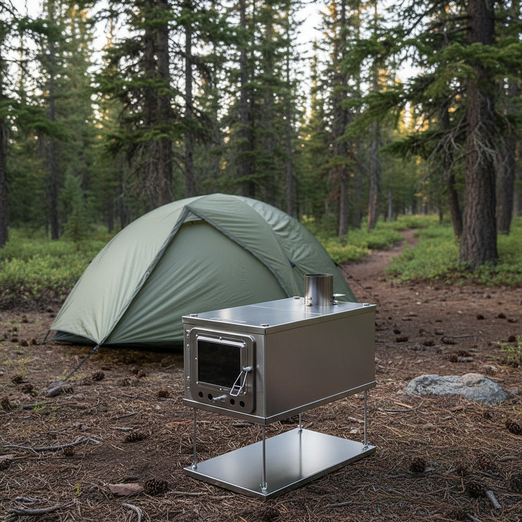 Wood stove in backpacking campsite 