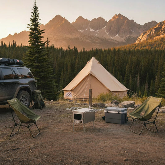 Basecamp hot tent with wood stove in car camping campsite 