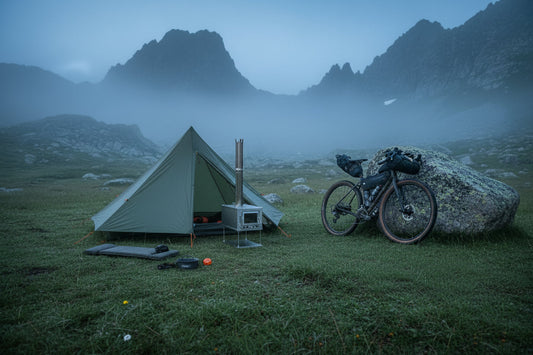 Bikepacking with collapsible tent wood stove in campsite 