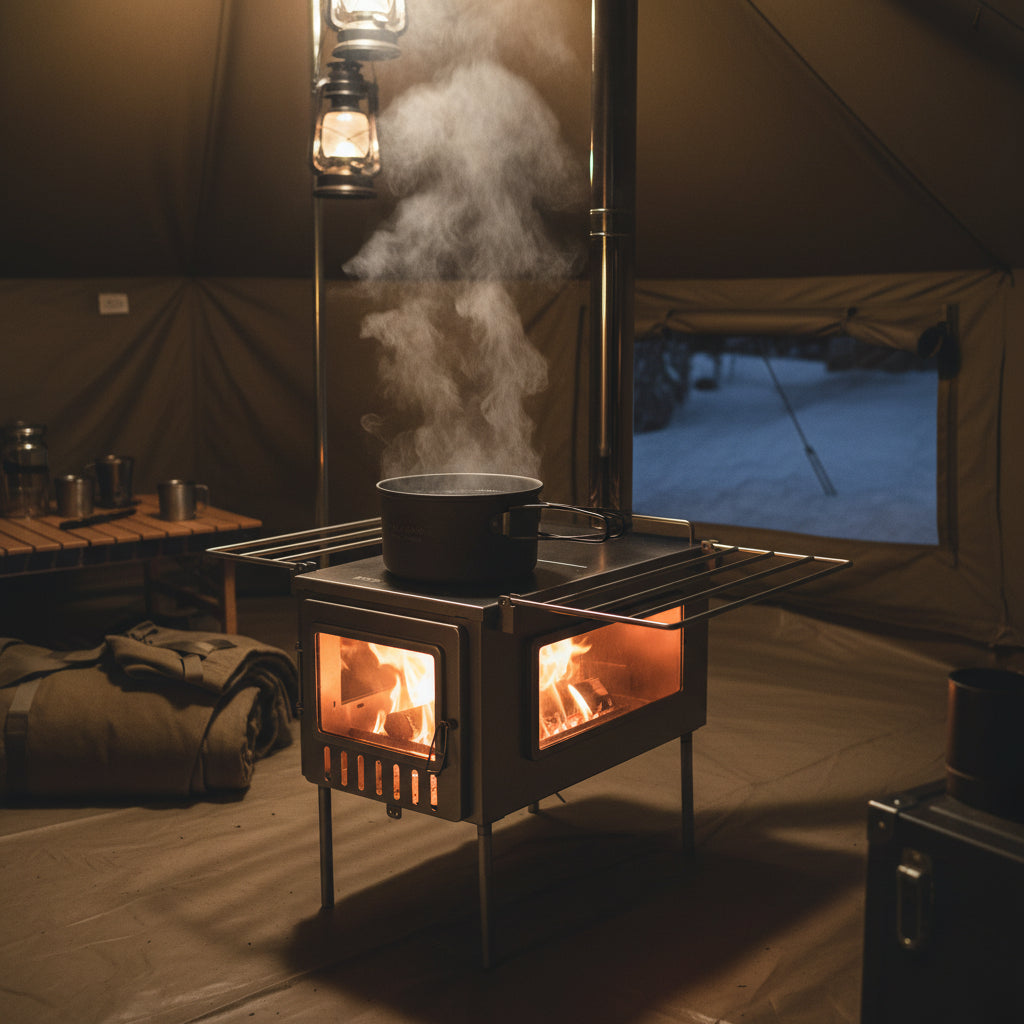 Boiling water on tent wood stove stovetop with pot