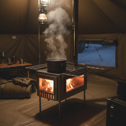 Boiling water on tent wood stove stovetop with pot