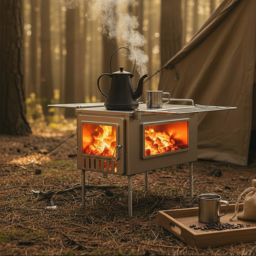 Brewing coffee in forest camp on tent wood stove