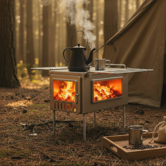 Brewing coffee in forest camp on tent wood stove
