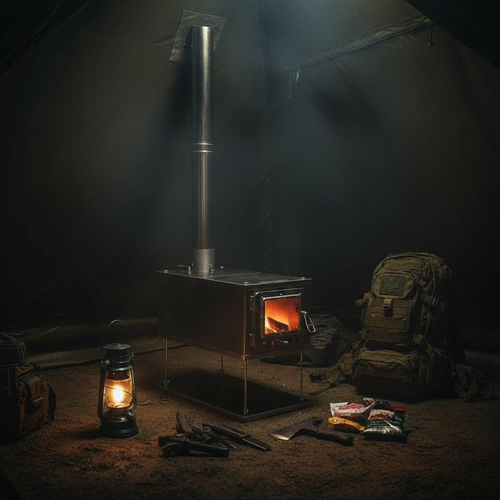 Bug-out camp with tent wood stove