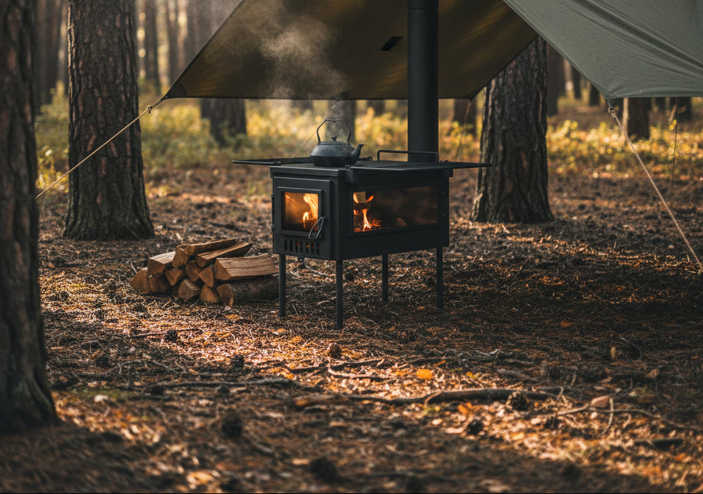 Bushcraft tarp and wood stove in forest campsite 