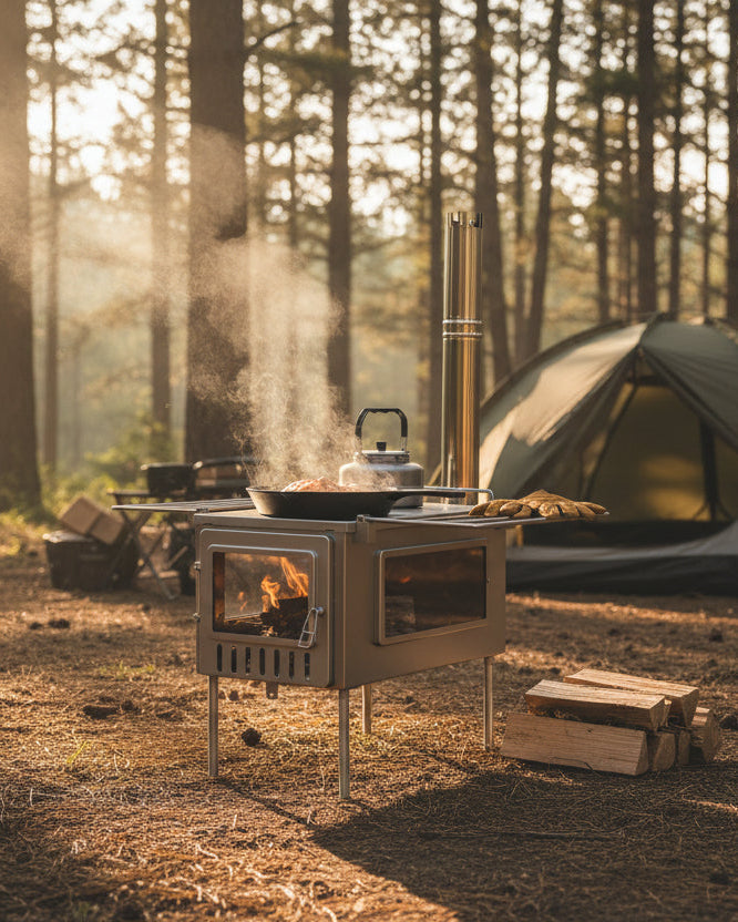 Tent wood stove as standalone camp stove for outdoor cooking