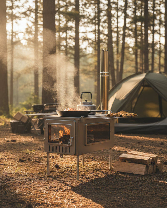 Tent wood stove as standalone camp stove for outdoor cooking
