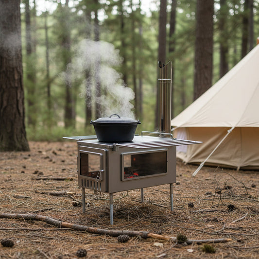 Camping wood stove cooking food in cast iron pot on stovetop in the forest