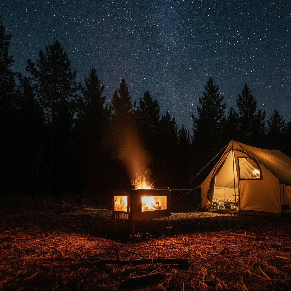 Wood Stove in campsite with tent under the stars