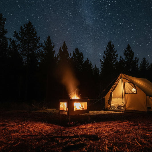 Wood Stove in campsite with tent under the stars