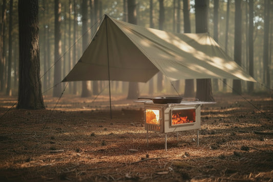 Wood stove and camping tarp for camp cooking shelter 