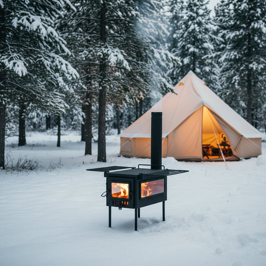 Canvas hot tent and wood stove camping in the snow