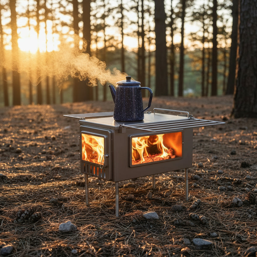 Coffee brewing on tent wood stove while camping