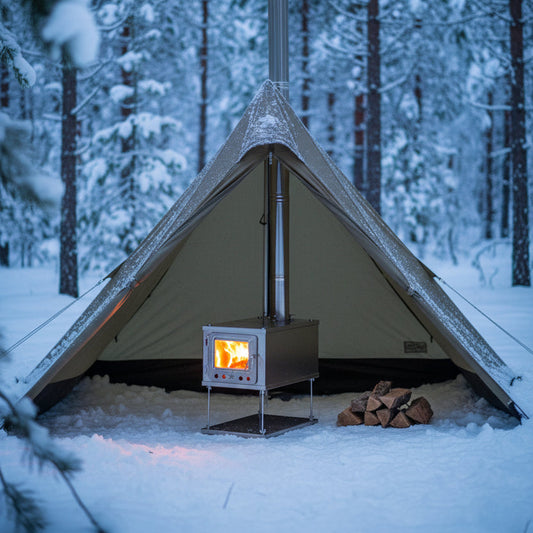 Collapsible tent wood stove inside floorless tent in a winter camping campsite