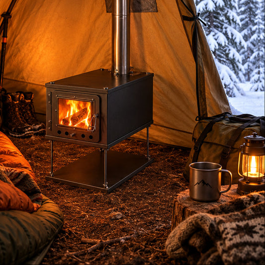 Collapsible titanium tent stove winter camping setup