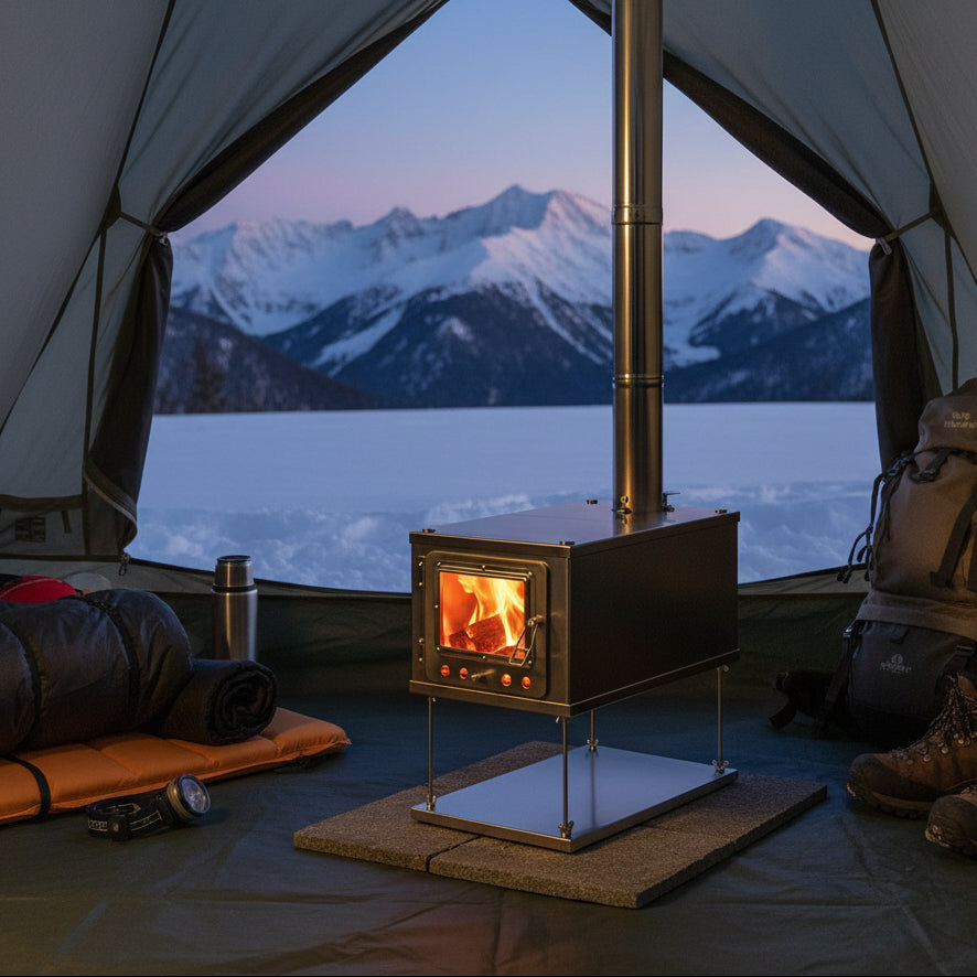 Collapsible tent wood stove mountain campsite 