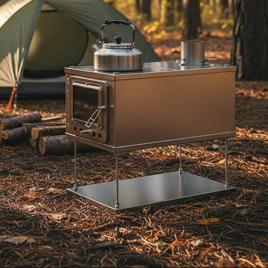Collapsible tent wood stove in backcountry campsite 