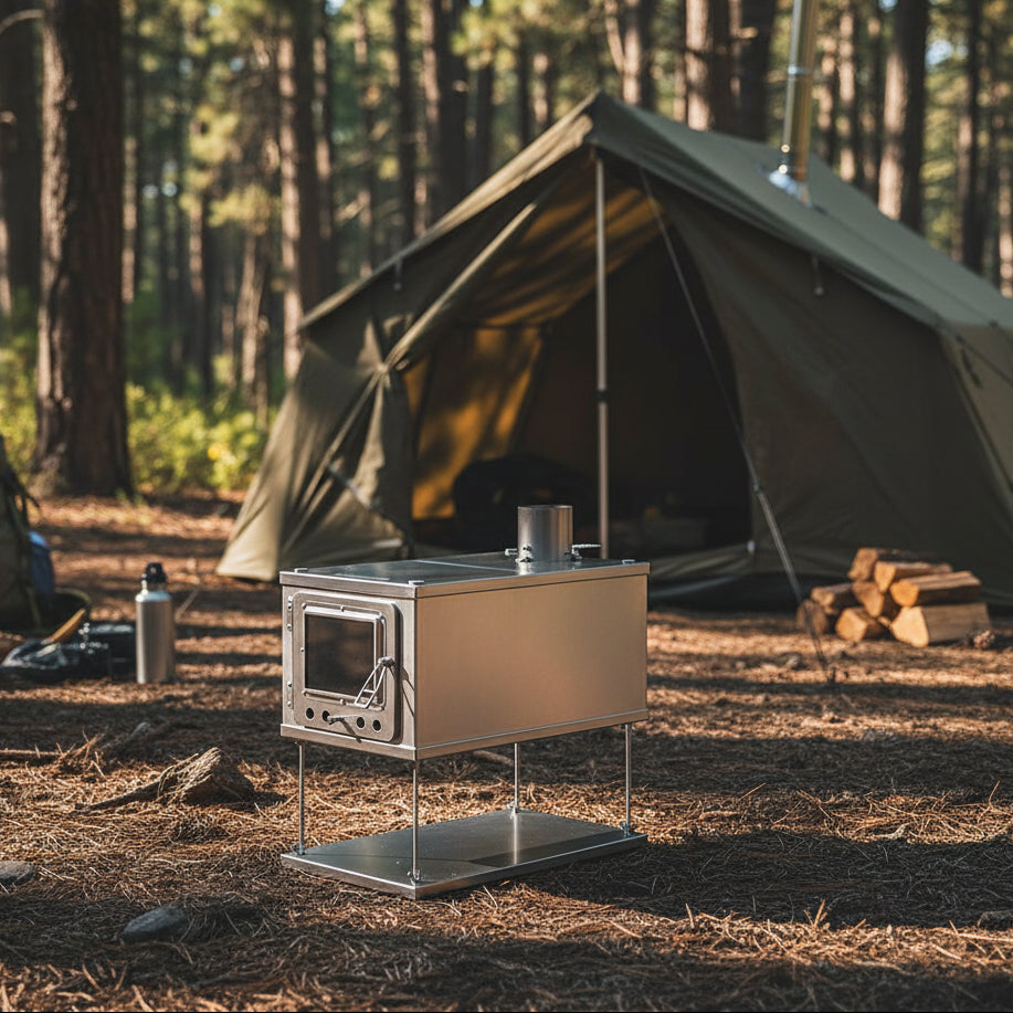 Collapsible tent wood stove in forest campsite