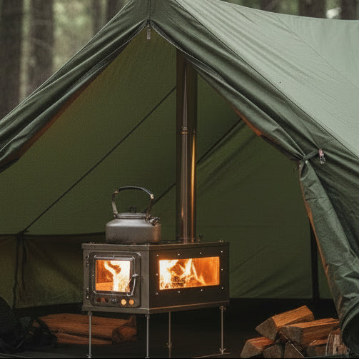 Collapsible tent wood stove in backpacking campsite