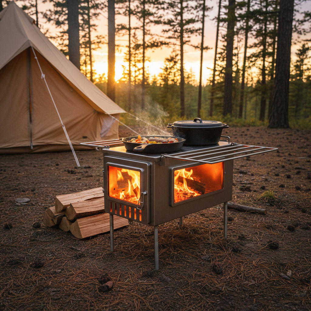 Cooking on a tent wood stove with cast iron while camping in the forest