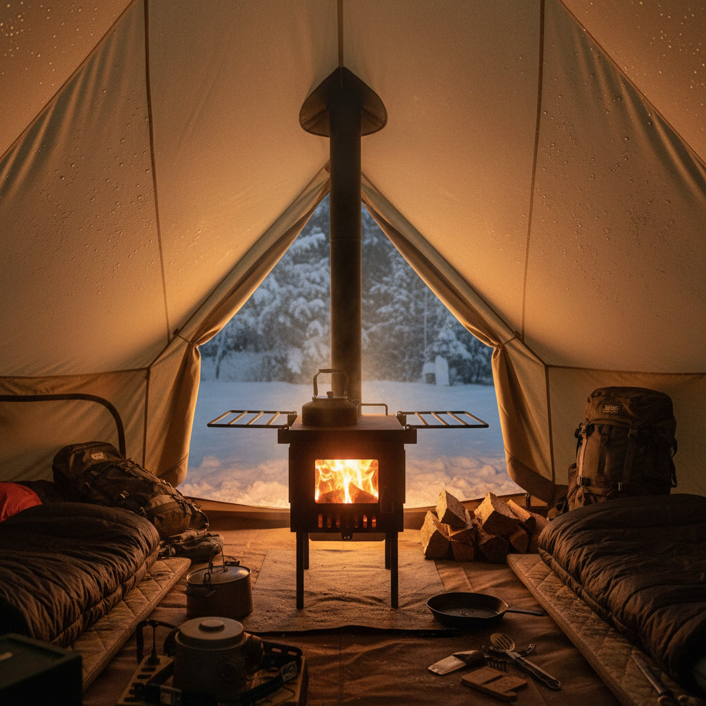 Tent with cozy wood stove inside 