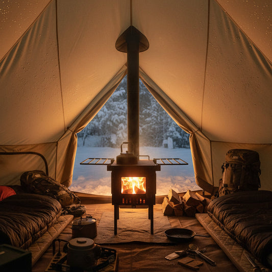Tent with cozy wood stove inside 