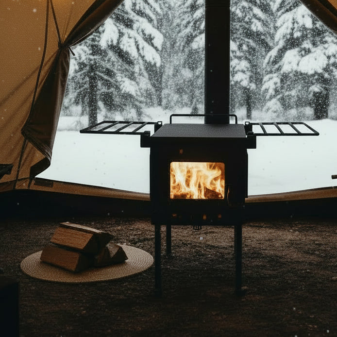 Cozy tent wood stove while its snowing in the forest outdoors