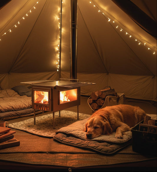 Dog laying by tent wood stove inside shelter