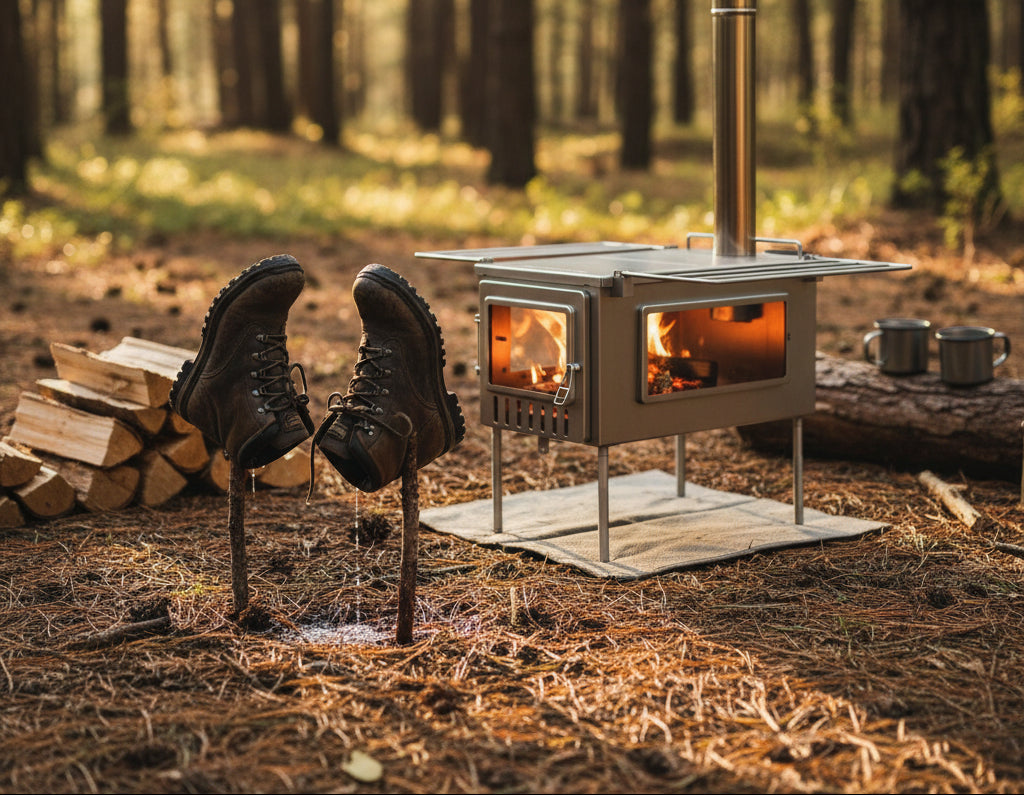 Drying boots with tent wood stove while camping