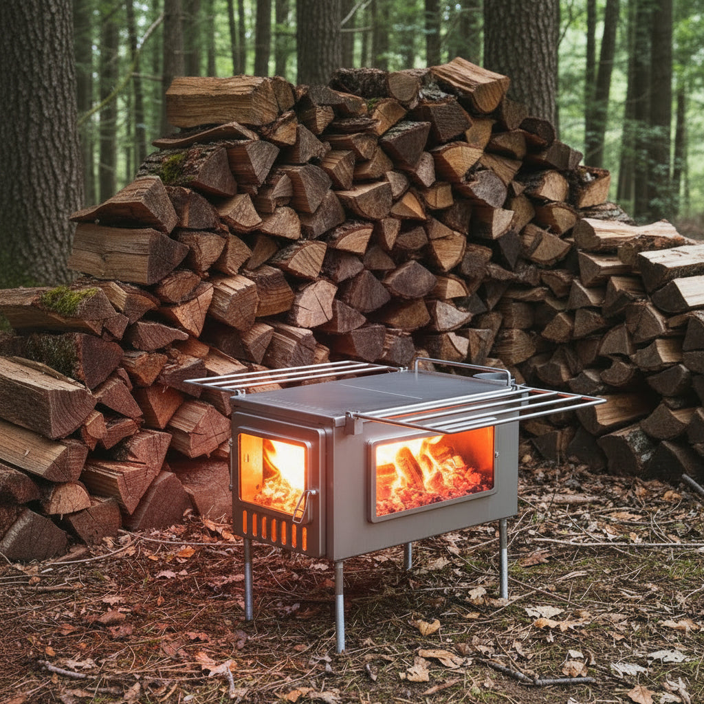 XL Tent wood stove in the forest with large firewood pile