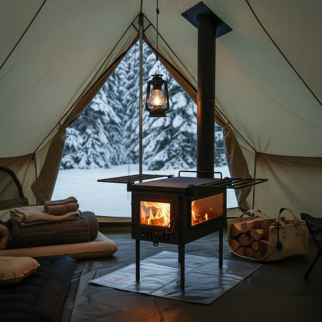Fire burning in tent wood stove in forest campsite