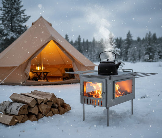 Firewood and tent wood stove in snowy campsite