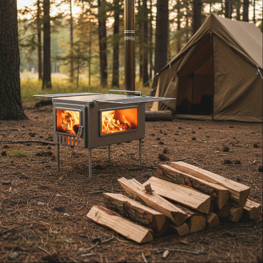 Firewood piled next to tent wood stove in campsite 
