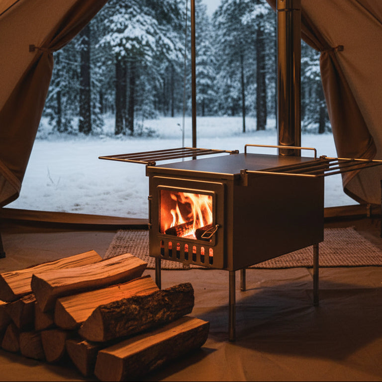Drying firewood next to a tent wood stove 
