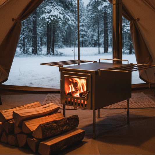 Drying firewood next to a tent wood stove 