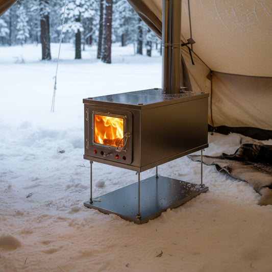 Floorless hot tent with collapsible wood stove camping on the snow