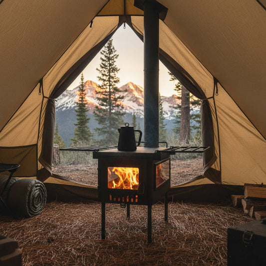 Floorless tent with wood stove while camping in the mountains