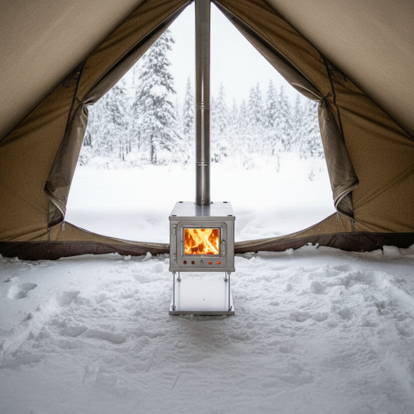 Floorless hot tent camping on the snow with wood stove