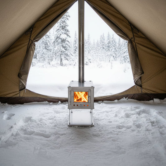 Floorless hot tent camping on the snow with wood stove