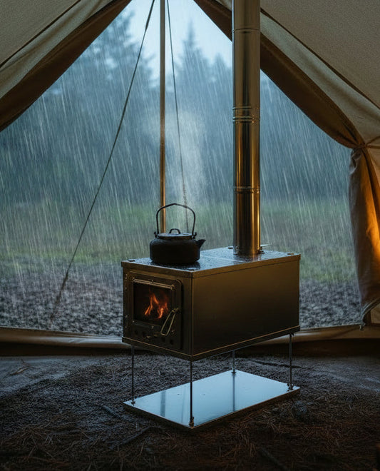 Floorless tent with wood stove camping in the rain