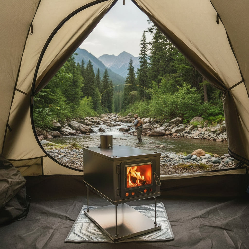 Fly fishing with tent stove in mountain stream camp