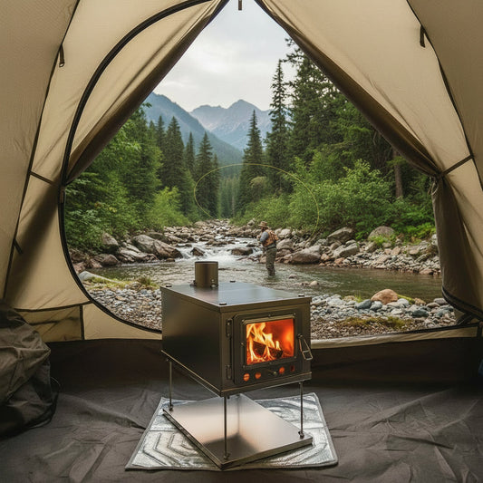 Fly fishing with tent stove in mountain stream camp