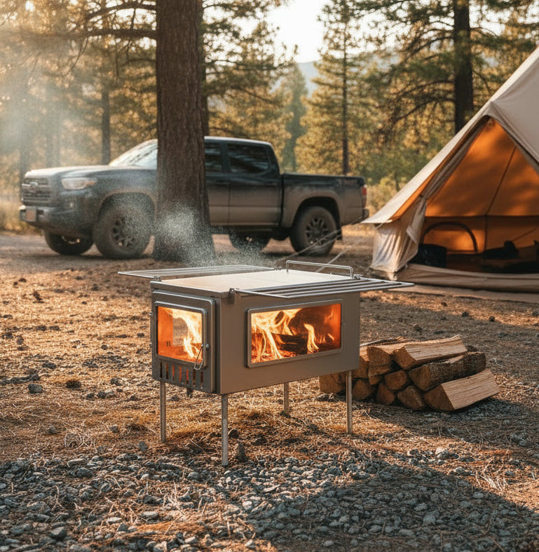 Freestanding tent wood stove in car camping campsite 