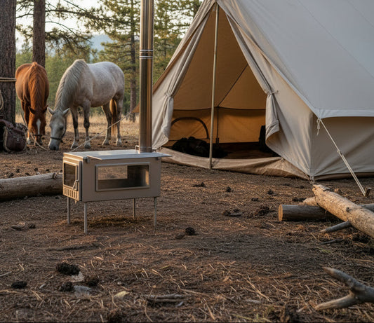 Tent wood stove in horse packing campsite