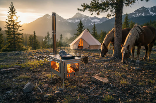 Horse camp wood stove cooking outdoors