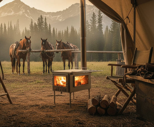 Horse packing camp with wood stove in the mountains