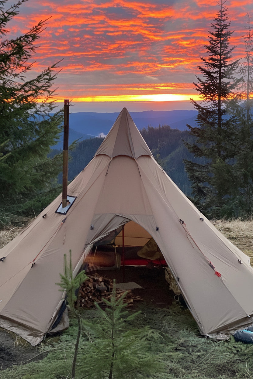 Day in the life of hot tent camping and enjoying sunset