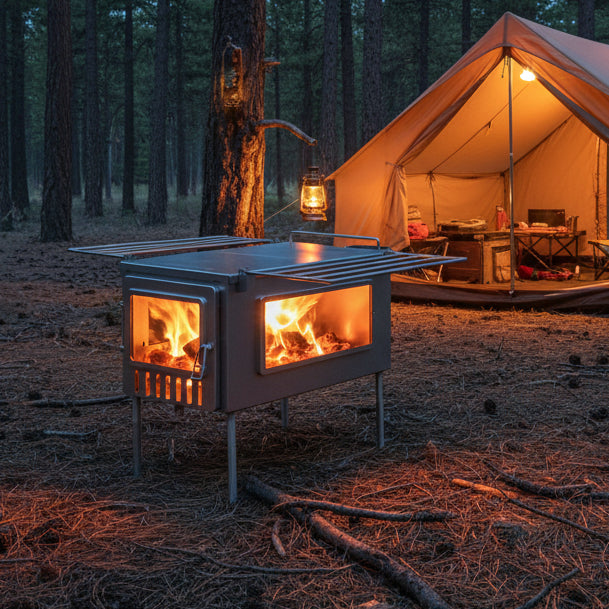 Hot tent with wood stove in forest campsite 